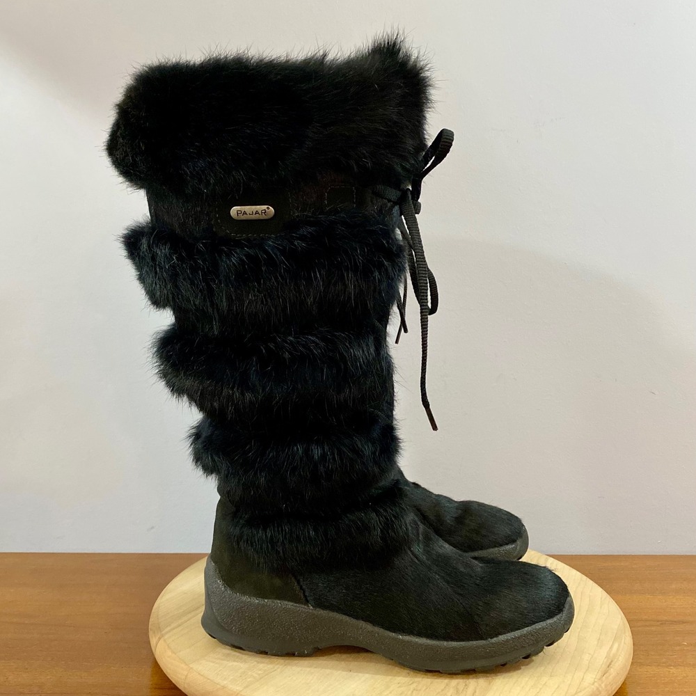 Pajar Canada Women 38 US 7-7.5 Black Fur Snow Boots Mid Calf Winter Après Ski